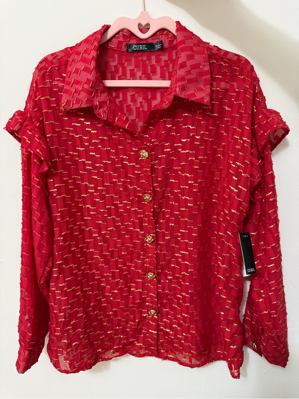 CURE Red Sheer Button-Down Blouse with Gold Accents